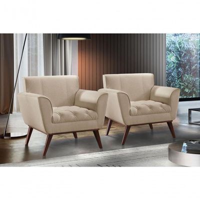 Conjunto - 2 Poltronas Lise Luxo Madeira Maciça Castellar Linho Bege Claro