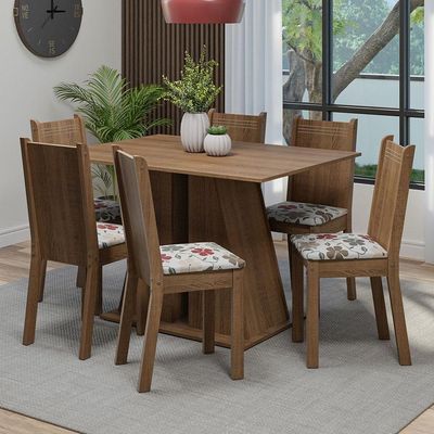 Conjunto Sala De Jantar Mesa Tampo De Madeira 6 Cadeiras Rustic/hibiscos Sharon Madesa