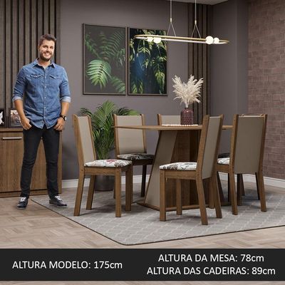 Conjunto Sala De Jantar Mesa Tampo De Madeira 6 Cadeiras Rustic/crema/hibiscos Wendy Madesa