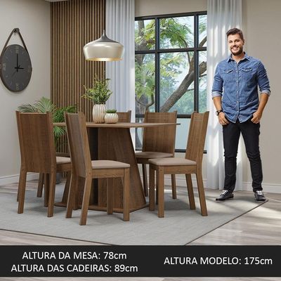 Conjunto Sala De Jantar Mesa Tampo De Madeira 6 Cadeiras Rustic/bege Sharon Madesa