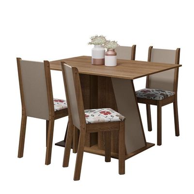 Conjunto Sala De Jantar Mesa Tampo De Madeira 4 Cadeiras Rustic/crema/hibiscos Sophie Madesa