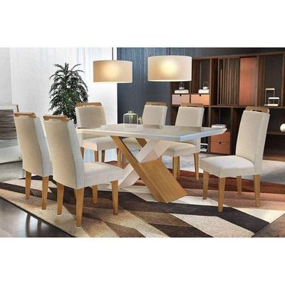 Kit Mesa Tampo 180cm Canto Reto + 6 Cadeiras Imbuia Creme