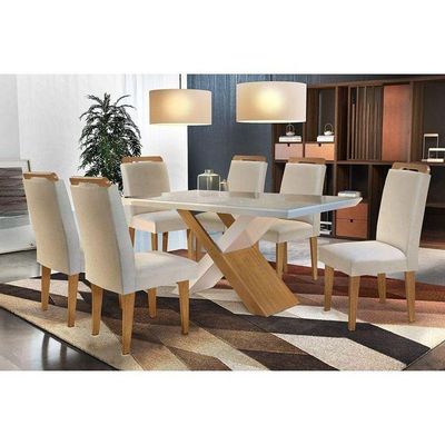 Kit Mesa Tampo Vidro 180cm Canto Reto + 6 Cadeiras Imbuia Creme