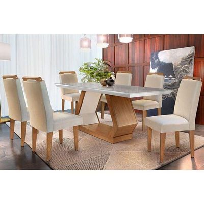 Kit Mesa Tampo 180cm Canto Reto + 6 Cadeiras Imbuia Creme