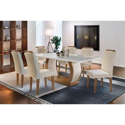 Kit Mesa Tampo Vidro 180cm Canto Curvo + 6 Cadeiras Imbuia Creme