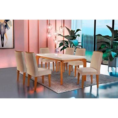 Kit Mesa Londrina Tampo Vidro 180cm + 6 Cadeiras Lunara Imbuia Linho Bege