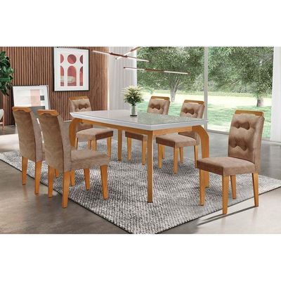 Kit Mesa Londrina Tampo Vidro 180cm + 6 Cadeiras Imbuia Chocolate Capuccino