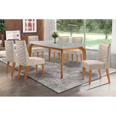 Kit Mesa Londrina Tampo Vidro 180cm + 6 Cadeiras Dafne Imbuia Veludo Creme