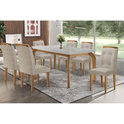 Kit Mesa Londrina Tampo Vidro 180cm + 6 Cadeiras Imbuia Bege Turim