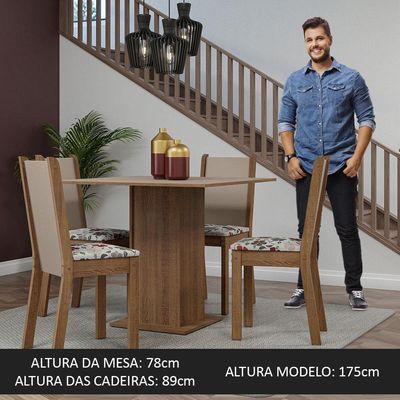 Conjunto Sala De Jantar Mesa Tampo De Madeira 4 Cadeiras Rustic/crema/ Hibiscos Briana Madesa