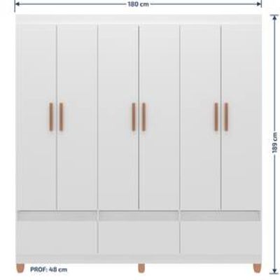 Guarda-Roupa Bartira Ilhéus com Cabideiro, 6 Portas de Bater, 3 Gavetas e 180cm de Largura Branco