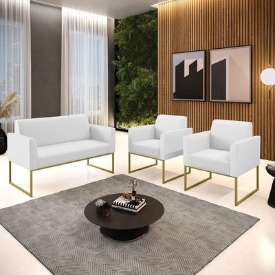 Sofá Namoradeira Com 2 Poltronas Base Industrial Dourado Marisa Corino D03 - D\'rossi Cor Branco