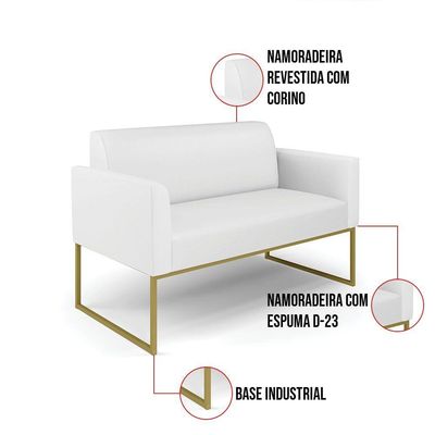 Sofá Namoradeira Com 2 Poltronas Base Industrial Dourado Marisa Corino D03 - D\'rossi Cor Branco