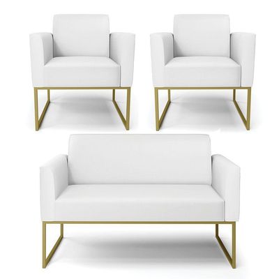 Sofá Namoradeira Com 2 Poltronas Base Industrial Dourado Marisa Corino D03 - D\'rossi Cor Branco