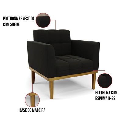 Poltrona Base De Madeira Fixa Castanho Kit 2 Elisa Suede D03 - D\'rossi Cor Preto