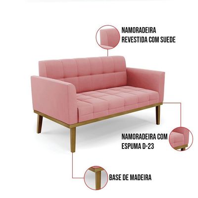 Namoradeira Com Poltrona Base De Madeira Castanho Elisa Suede D03 - D\'rossi Cor Rose