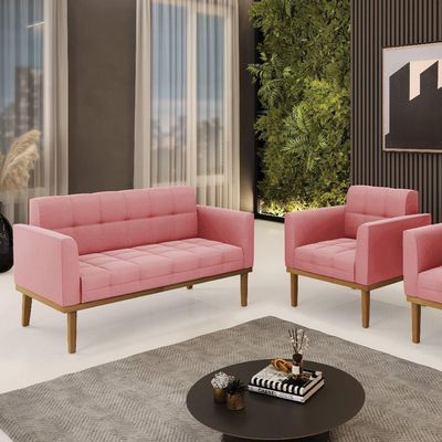 Namoradeira Com Poltrona Base De Madeira Castanho Elisa Suede D03 - D\'rossi Cor Rose