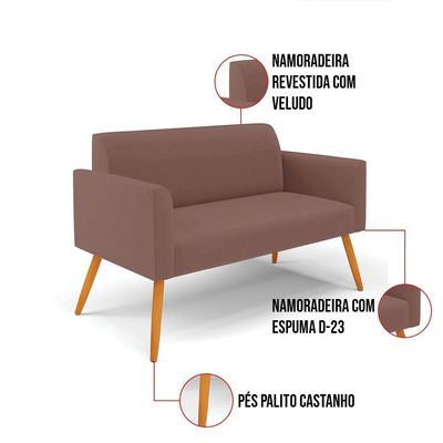 Sofá Namoradeira Com Poltrona Pés Palito Castanho Marisa Veludo D03 - D\'rossi Cor Rose