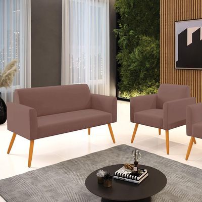 Sofá Namoradeira Com Poltrona Pés Palito Castanho Marisa Veludo D03 - D\'rossi Cor Rose