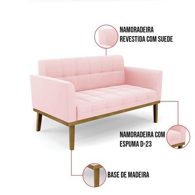 Namoradeira Com Poltrona Base De Madeira Castanho Elisa Suede D03 - D\'rossi Cor Rosa Bebê