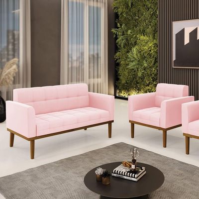 Namoradeira Com Poltrona Base De Madeira Castanho Elisa Suede D03 - D\'rossi Cor Rosa Bebê
