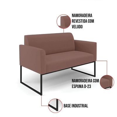 Sofá Namoradeira Com Poltrona Base Industrial Preto Marisa Veludo D03 - D\'rossi Cor Rose