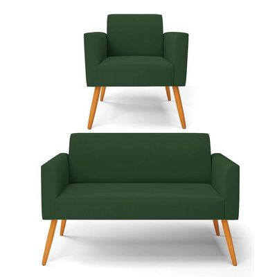 Sofá Namoradeira Com Poltrona Pés Palito Castanho Marisa Veludo D03 - D\'rossi Cor Verde