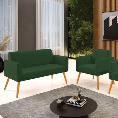 Sofá Namoradeira Com Poltrona Pés Palito Castanho Marisa Veludo D03 - D\'rossi Cor Verde
