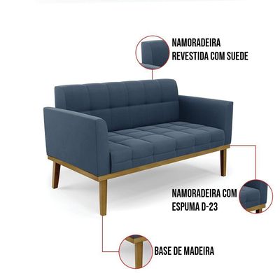 Namoradeira Com Poltrona Base De Madeira Castanho Elisa Suede D03 - D\'rossi Cor Azul Marinho