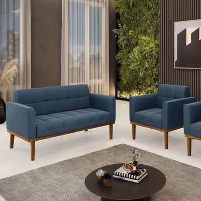 Namoradeira Com Poltrona Base De Madeira Castanho Elisa Suede D03 - D\'rossi Cor Azul Marinho