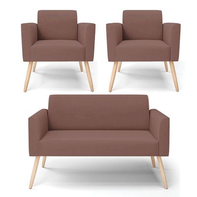 Sofá Namoradeira Com 2 Poltronas Pés Palito Natural Marisa Veludo D03 - D\'rossi Cor Rose