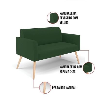 Sofá Namoradeira Com 2 Poltronas Pés Palito Natural Marisa Veludo D03 - D\'rossi Cor Verde