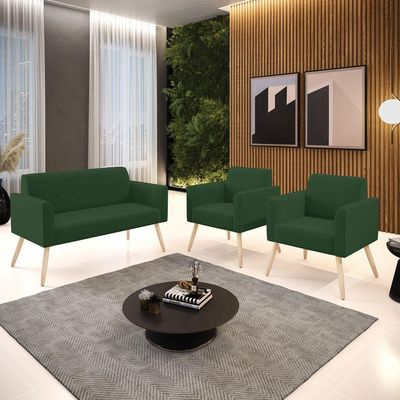 Sofá Namoradeira Com 2 Poltronas Pés Palito Natural Marisa Veludo D03 - D\'rossi Cor Verde