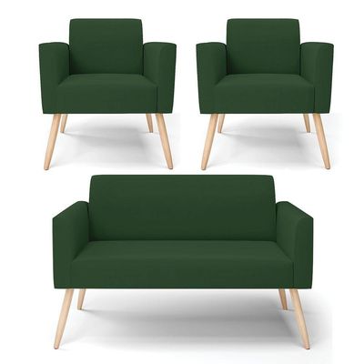 Sofá Namoradeira Com 2 Poltronas Pés Palito Natural Marisa Veludo D03 - D\'rossi Cor Verde