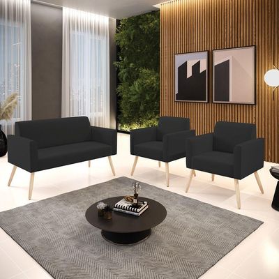 Sofá Namoradeira Com 2 Poltronas Pés Palito Natural Marisa Veludo D03 - D\'rossi Cor Preto