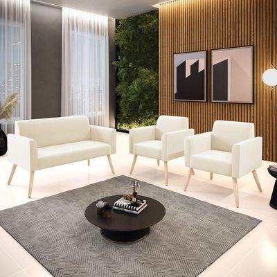 Sofá Namoradeira Com 2 Poltronas Pés Palito Natural Marisa Veludo D03 - D\'rossi Cor Bege