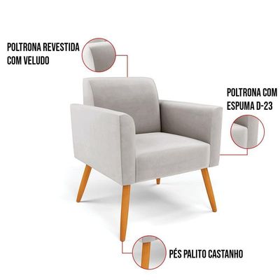 Poltrona Pés Palito Castanho Marisa Veludo D03 - D\'rossi Cor Cinza