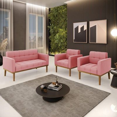 Namoradeira Com 2 Poltronas Base De Madeira Castanho Elisa Suede D03 - D\'rossi Cor Rose