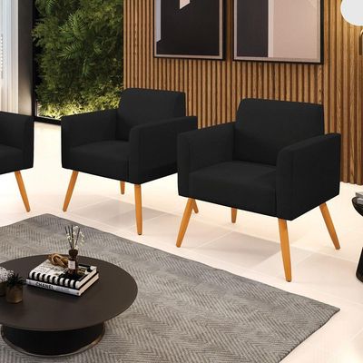 Kit 2 Poltronas Pés Palito Castanho Marisa Linho D03 - D\'rossi Cor A79 Preto