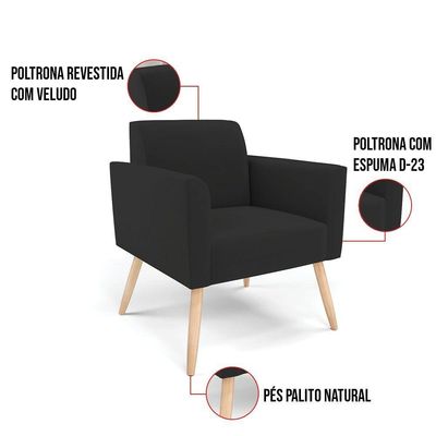 Kit 2 Poltronas Pés Palito Natural Marisa Veludo D03 - D\'rossi Cor Preto