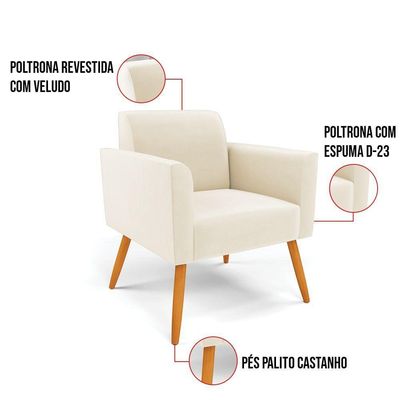 Kit 2 Poltronas Pés Palito Castanho Marisa Veludo D03 - D\'rossi Cor Bege