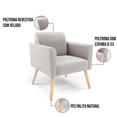 Kit 2 Poltronas Pés Palito Natural Marisa Veludo D03 - D\'rossi Cor Cinza