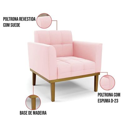 Poltrona Base De Madeira Fixa Castanho Elisa Suede D03 - D\'rossi Cor Rosa Bebê