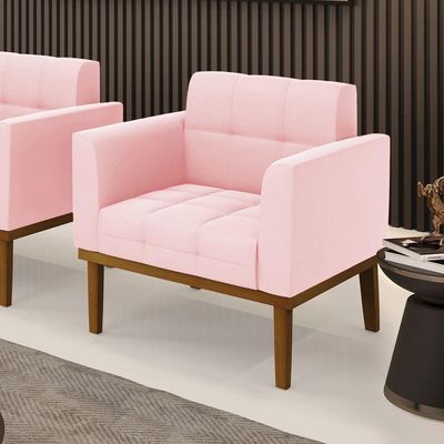 Poltrona Base De Madeira Fixa Castanho Elisa Suede D03 - D\'rossi Cor Rosa Bebê