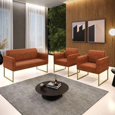 Sofá Namoradeira Com 2 Poltronas Base Industrial Dourado Marisa Corano D03 - D\'rossi Cor Nozes