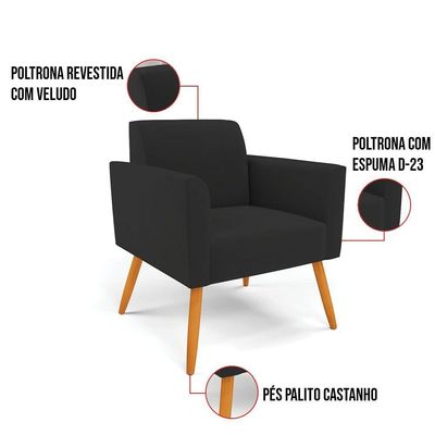 Poltrona Pés Palito Castanho Marisa Veludo D03 - D\'rossi Cor Preto