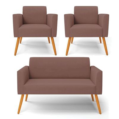 Sofá Namoradeira Com 2 Poltronas Pés Palito Castanho Marisa Veludo D03 - D\'rossi Cor Rose