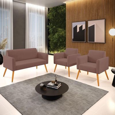 Sofá Namoradeira Com 2 Poltronas Pés Palito Castanho Marisa Veludo D03 - D\'rossi Cor Rose