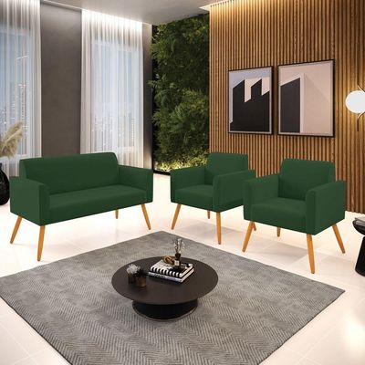 Sofá Namoradeira Com 2 Poltronas Pés Palito Castanho Marisa Veludo D03 - D\'rossi Cor Verde