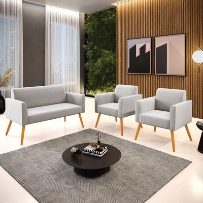 Sofá Namoradeira Com 2 Poltronas Pés Palito Castanho Marisa Veludo D03 - D\'rossi Cor Cinza